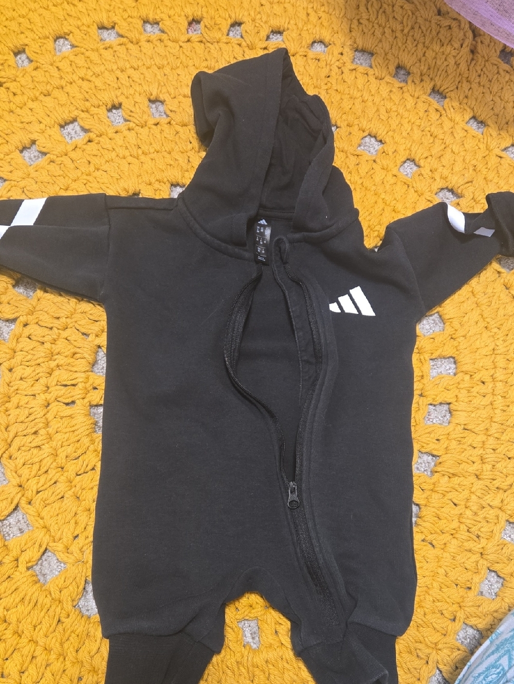 adidas Black Baby Hooded Jumpsuit with White Logo Accents